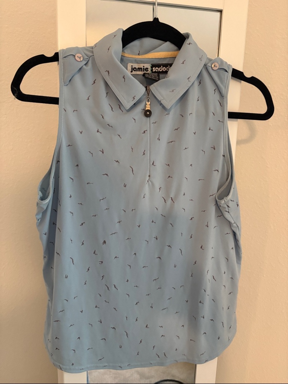jamie sadock Pale Blue Sleeveless Zip Polo Camisole with Tiny Navy Print